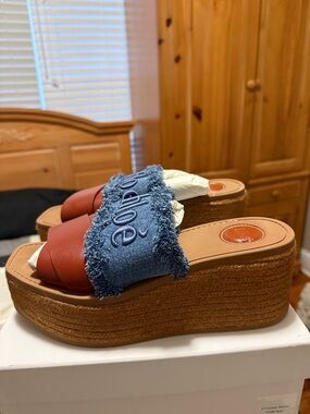 Chloe Denim-Trim Red Wedge Sandals